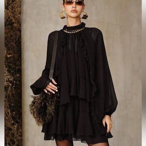 Commense Tiered Ruffle Long-Sleeve Mini Dress Set in Black Size Large